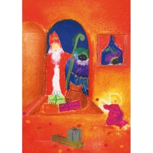 Oliepastelkaart Sint en Piet in de deuropening - per 10 stuks