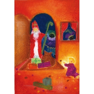 Oliepastelkaart Sint en Piet in de deuropening - per 10 stuks