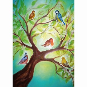 Oliepastelkaart Vogeltjes in boom - per 10 stuks