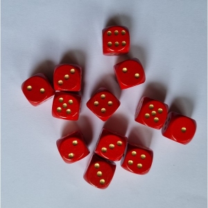 Dobbelsteen 16 mm rood met goude ogen, per 12 stuks