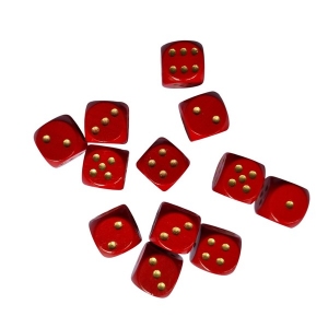 Dobbelsteen 16 mm rood met goude ogen, per 12 stuks