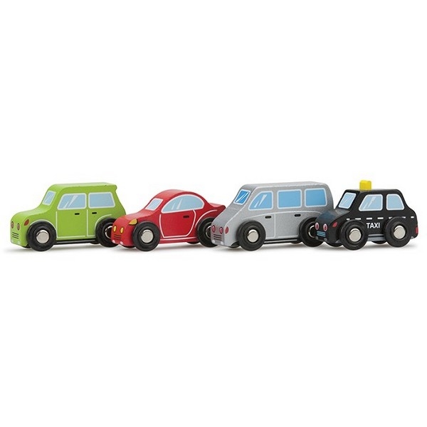 Auto set 4 stuks (Taxi, Rode en Groene auto, Zilveren bus)
