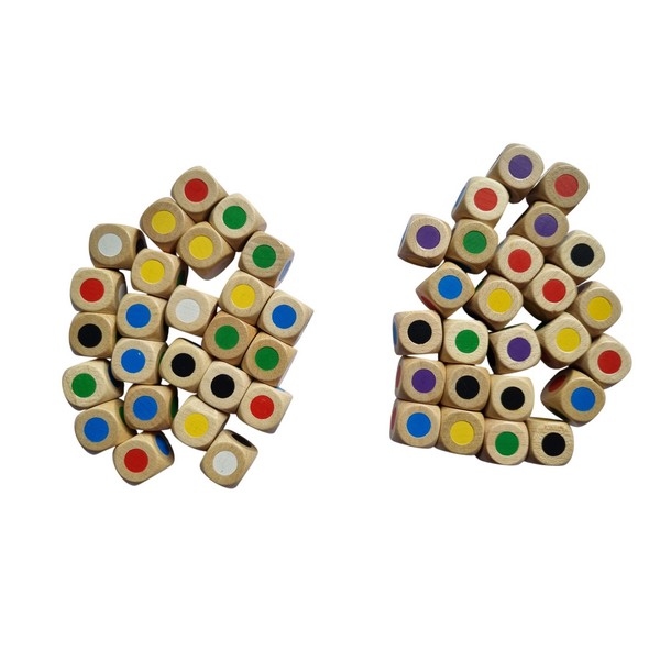 Dobbelsteen 16 mm natuur met 6 kleuren, 2 soorten