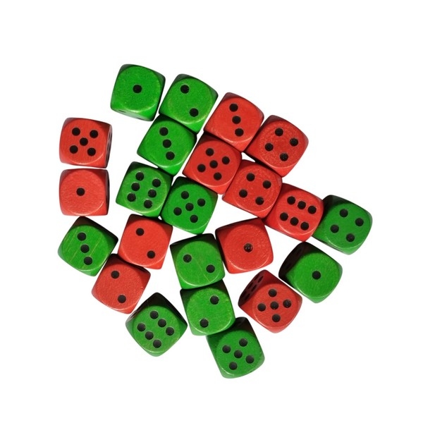 Dobbelsteen 16 mm rood en groen totaal 24 stuks