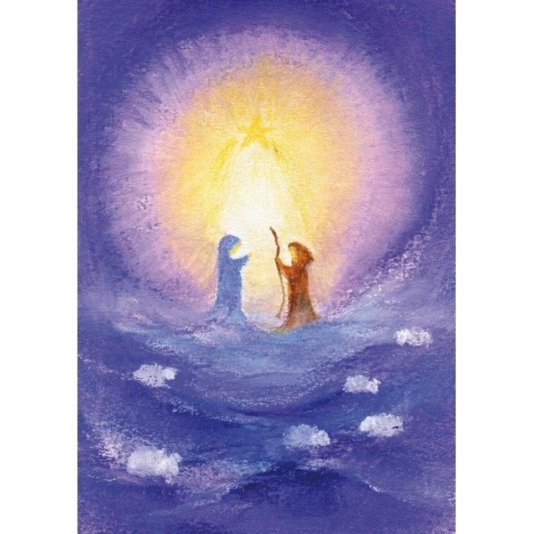 Oliepastelkaart Jozef en Maria in het licht van de ster - per 10 stuks