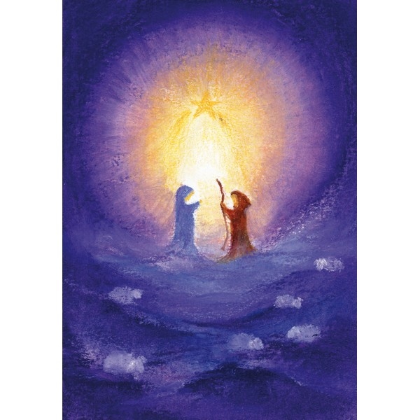 Oliepastelkaart Jozef en Maria in het licht van de ster - per 10 stuks