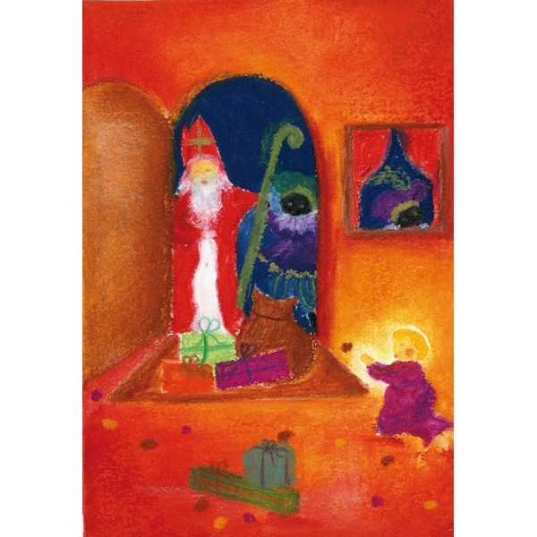 Oliepastelkaart Sint en Piet in de deuropening - per 10 stuks