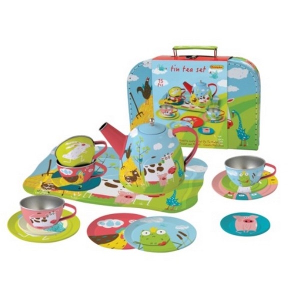 Servies tin Boerderijdieren in koffer, nog 1x