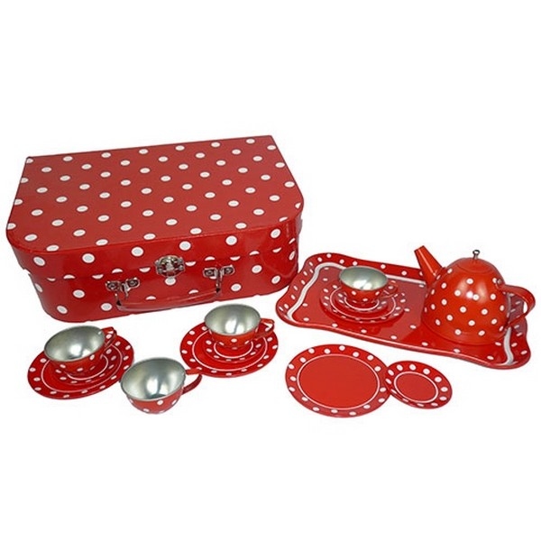 Servies tin rood met witte stippen in koffer; 15-delig