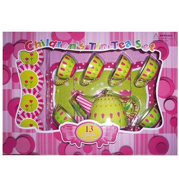 Servies tin Tulp roze/groen in doos