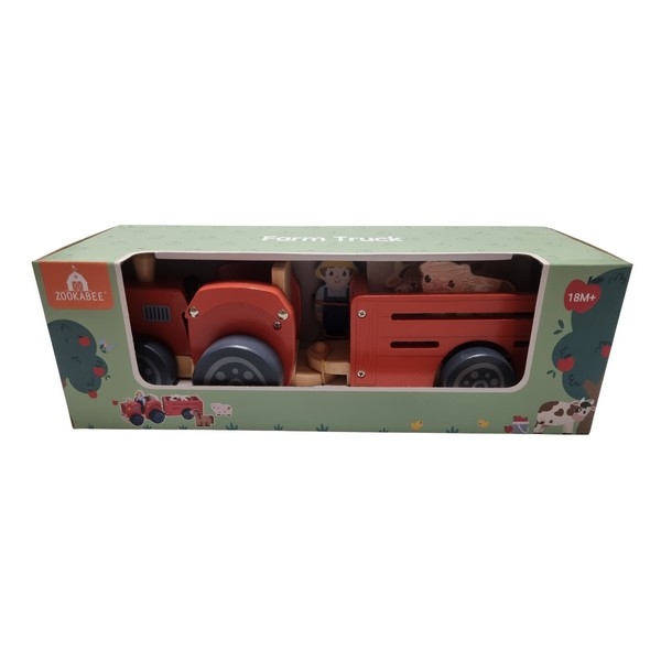 Tractor met aanhanger rood; incl boer, koe paard en varken 82576