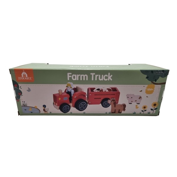 Tractor met aanhanger rood; incl boer, koe paard en varken 82576
